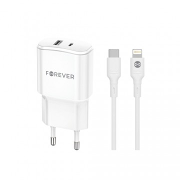 Forever TC-01-20AC PD QC charger 1x USB-C 1x USB 20W white + USB-C - Lightning cable 20W