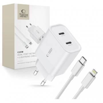 Tech-Protect C20W 2x USB-C PD 20W network charger with Lightning | USB-C cable - white