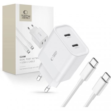 Tech-Protect C20W 2x USB-C PD 20W network charger with USB-C | USB-C cable - white