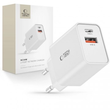 Tech-Protect NC30W USB-C PD 30W | USB-A QC 3.0 network charger - white