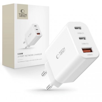 Tech-Protect NC30W network charger 2x USB-C PD 30W | USB-A QC 3.0 - white