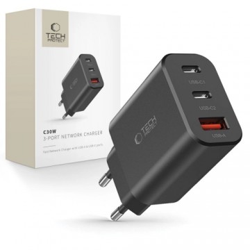 Tech-Protect NC30W network charger 2x USB-C PD 30W | USB-A QC 3.0 - black