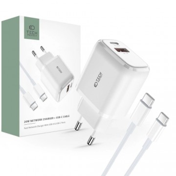 Tech-Protect C20W USB-C PD 20W | USB-A QC 3.0 network charger with USB-C | USB-C cable - white