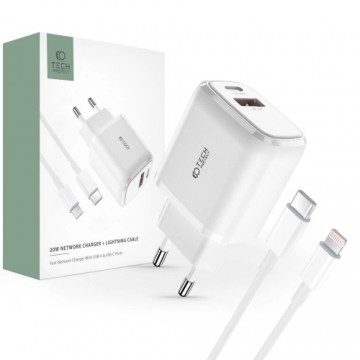 Tech-Protect C20W USB-C PD 20W | USB-A QC 3.0 network charger with USB-C | Lightning cable - white