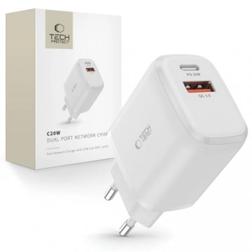 Tech-Protect C20W USB-C PD 20W | USB-A QC 3.0 network charger - white