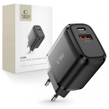 Tech-Protect C20W USB-C PD 20W | USB-A QC 3.0 network charger - black