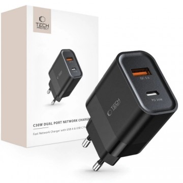 Tech-Protect C30W USB-C PD 30W | USB-A QC 3.0 network charger - black