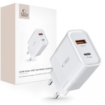 Tech-Protect C30W USB-C PD 30W | USB-A QC 3.0 network charger - white