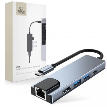 HUB Tech-Protect V3 5in1 USB-C - USB-A 3.0 | USB-A 2.0 | USB-C | HDMI | RJ45 - gray