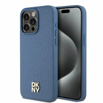 DKNY Leather Monogram Pattern Metal Logo MagSafe Case for iPhone 15 Pro Max - Blue