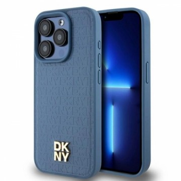 DKNY Leather Monogram Pattern Metal Logo MagSafe Case for iPhone 15 Pro - Blue