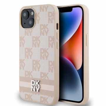 DKNY Leather Checkered Mono Pattern & Printed Stripes Case for iPhone 15 Plus | 14 Plus - Pink