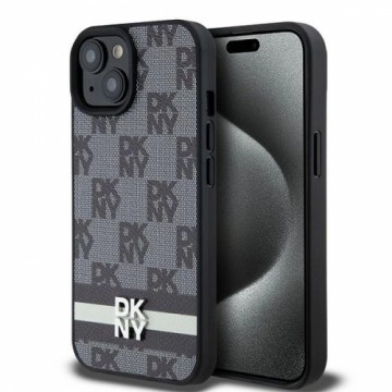 DKNY Leather Checkered Mono Pattern & Printed Stripes Case for iPhone 15 Plus | 14 Plus - Black