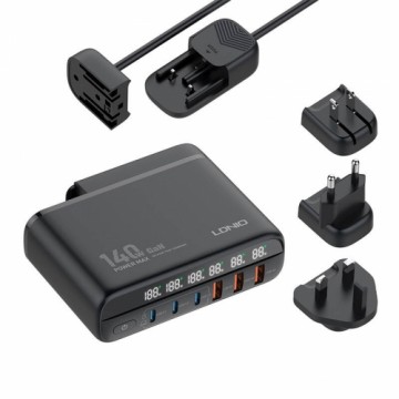 Power charger with display 140W LDNIO A6140C 3x USB-A + 3x USB-C, US|UK|EU (black)