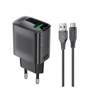 Acefast A90 GaN USB-A QC 18W network charger - black + USB-A | USB-C cable