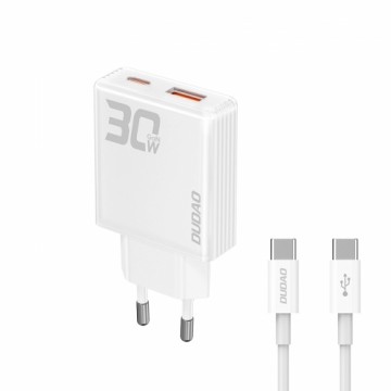 GaN Dudao A30EUT 30W USB-A | USB-C Wall Charger + USB-C - USB-C Cable - White