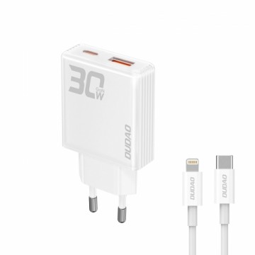 GaN Dudao A30EUL 30W USB-A | USB-C Wall Charger + USB-C - Lightning Cable - White