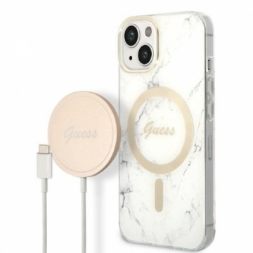 Zestaw Guess GUBPP14SHMEACSH Case+  Charger iPhone 14 | 15 | 13 6,1" biały|white hard case Marble MagSafe