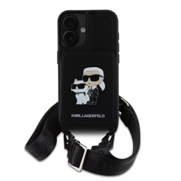 Karl Lagerfeld Saffiano Crossbody Strap Karl and Choupette Case for iPhone 16 Black