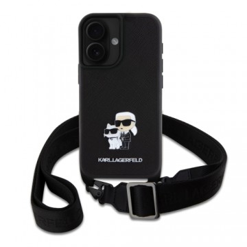 Karl Lagerfeld Saffiano Crossbody Strap Metal Karl and Choupette Case for iPhone 16 Plus Black