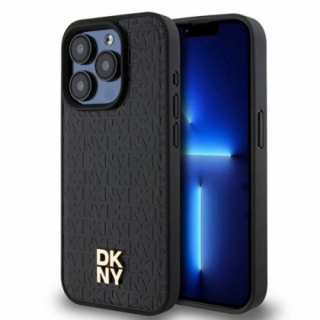 DKNY Leather Monogram Pattern Metal Logo MagSafe Case for iPhone 15 Pro - Black