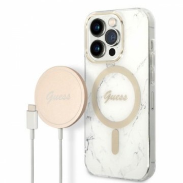 Zestaw Guess GUBPP14LHMEACSH Case+ Charger iPhone 14 Pro 6,1" biały|white hard case Marble MagSafe