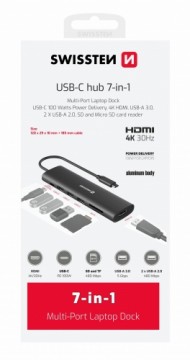 Swissten Многопортовая док-станция для ноутбука USB-C HUB 7-IN-1 USB-C 100W / HDMI 4K / USB-A 3.0 / 2x USB-A 2.0 / SD / MicroSD