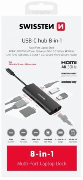 Swissten 8in1 USB-C Hubs Alumīja Centrmezgls USB-C 100W / HDMI 4K / LAN RJ45 / 2x USB-A / USB-C / SD / MICRO SD