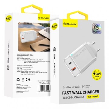 OEM Blavec Wall charger BC5 GaN - USB + Type C - PD QC 45W 3A (TCBC5G-UCW453A) white