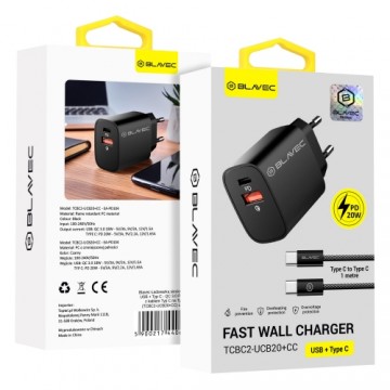 OEM Blavec Wall charger BC2 - USB + Type C - QC 3.0 PD 20W with Type C to Type C cable (TCBC2-UCB20+CC) black