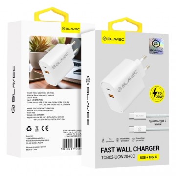 OEM Blavec Wall charger BC2 - USB + Type C - QC 3.0 PD 20W with Type C to Type C cable (TCBC2-UCW20+CC) white