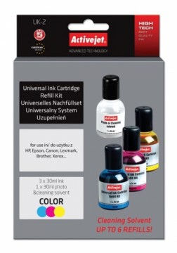 Activejet UK-2 Replenishment System Universal Replacement for HP, Canon, Epson, Brother printers; Supreme; 3x30ml;  colour.