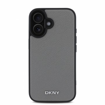 DKNY PU Leather Silver Metal Logo Magsafe Case for iPhone 16 Grey