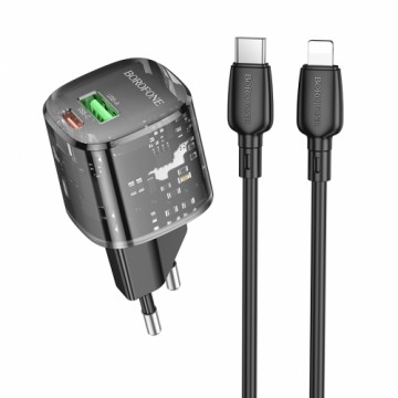 OEM Borofone Wall charger BN17 Sunlight - USB + Type C -  QC 3.0 PD 20W 3A with Type C to Lightning cable black