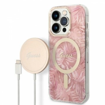 Zestaw Guess GUBPP14LHJEACSP Case+ Charger iPhone 14 Pro 6,1" różowy|pink hard case Jungle MagSafe