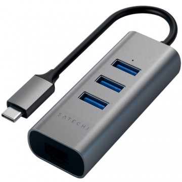 SATECHI Type-C 2-in-1 USB 3.0 Aluminum 3 Port Hub and Ethernet Port Space Gray