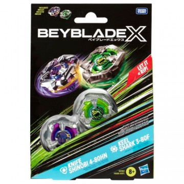 BEYBLADE X dubultpaka KNIFE SHINOBI i 4-80HN + KEEL SHARK 3-80F (Violets + Zaļš)