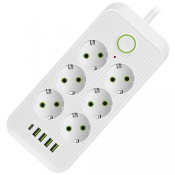 CP PW6 2in1 Smart EU 6x Surge protector 2500W 2.1m + USB-C + 4x USB Charger White