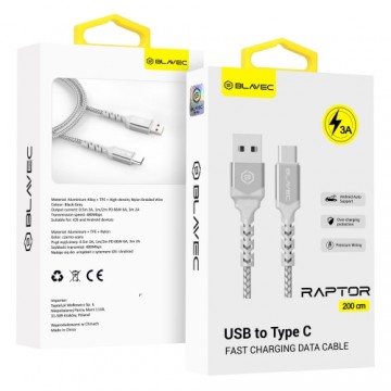 OEM Blavec Cable Raptor braided - USB to Type C - 3A 2 metres (CRA-UC3WS20) white-silver